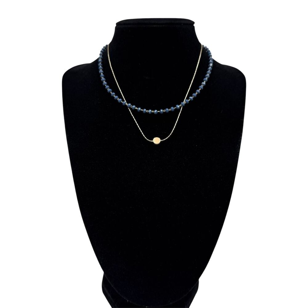 Layered Beaded Necklace Set Gold Tone Chain Blue Beads Disc Pendant Fashion 11in
